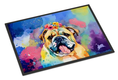 NEW English Bulldog Hippie Dawg Doormat Front Door Mat Indoor Outdoor Rugs for Entryway, Non Slip Washable Low Pile, 18H X 27W