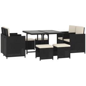 9 Pieces Outdoor Dining Set for 8, Space Saving Wicker Chairs and Square Glass Table with Cushions and Ottomans (Title: Default Title)